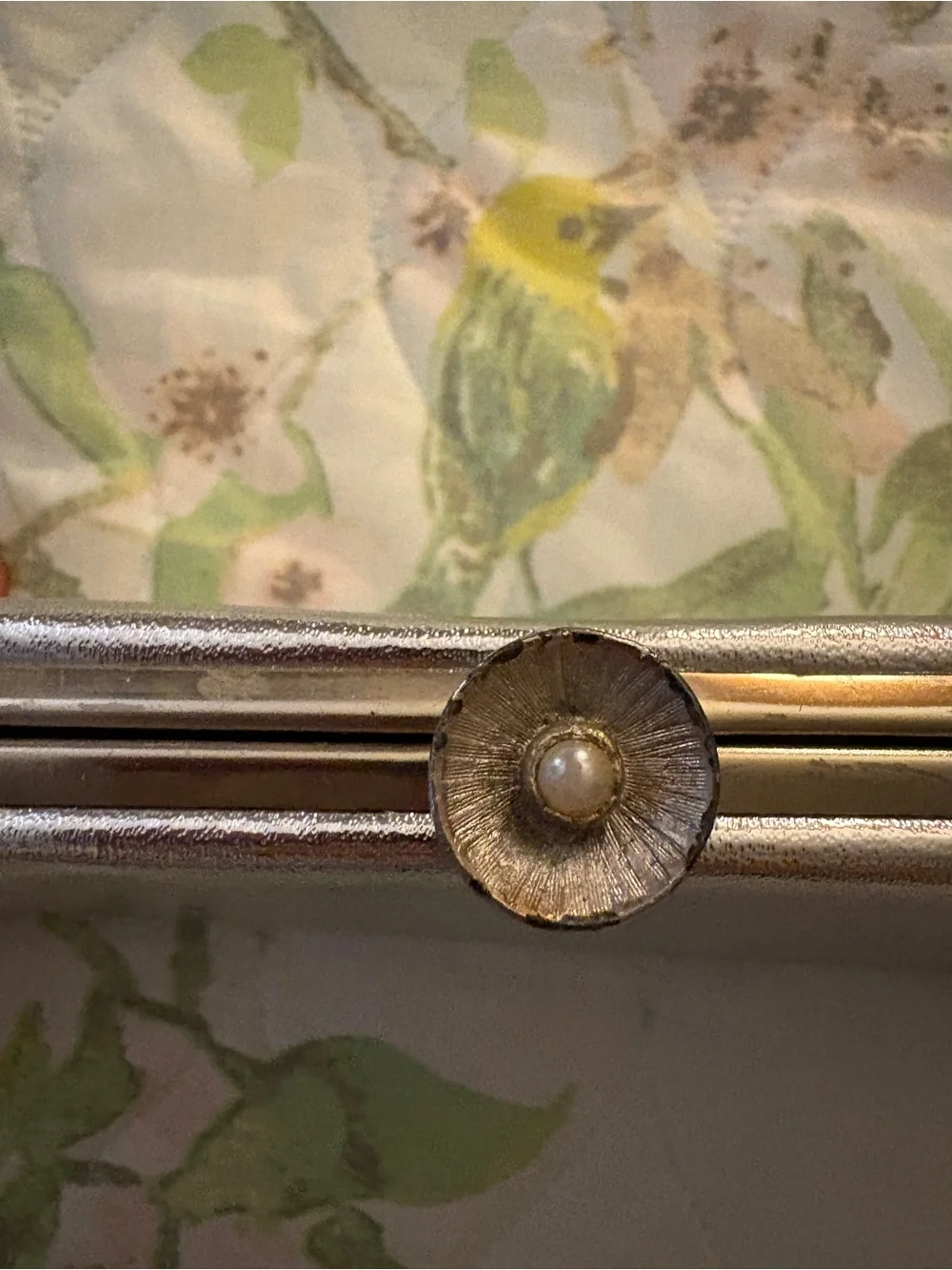 Vintage Silver Metallic Frame Clutch Purse Floral Brooch Pin Evening Bag Mad Men